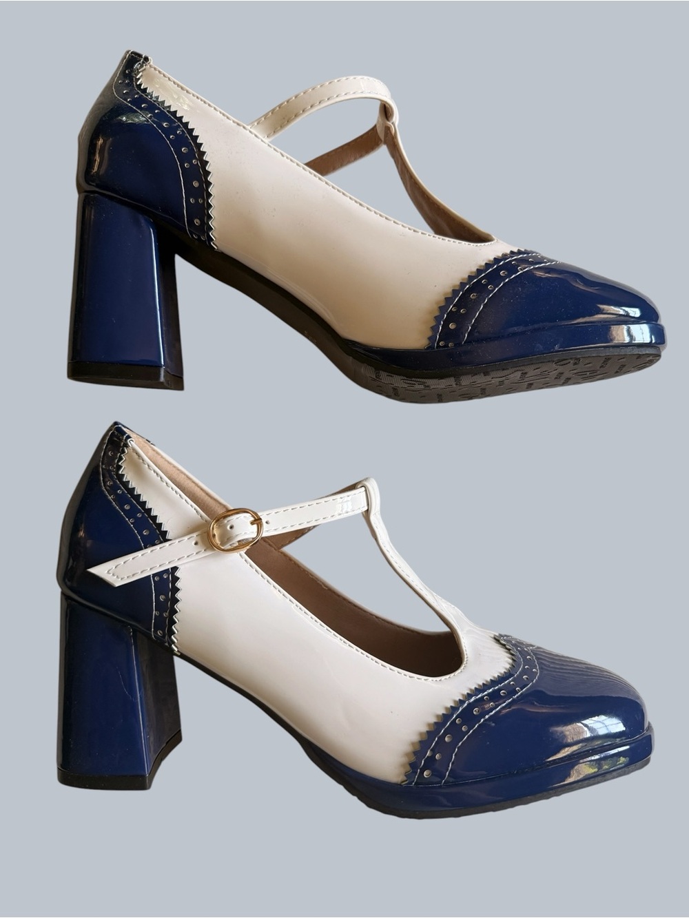 Classic T-Strap Two-Tone Navy and White Pumps NWOT - Picture 3 of 9